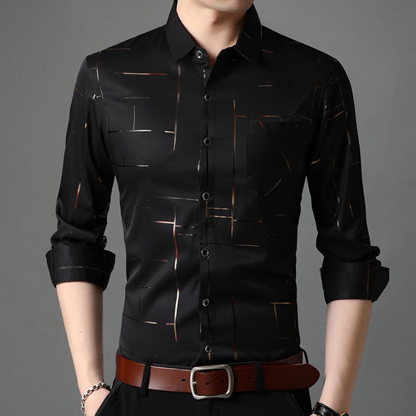 Slim Men Shirt Dress Long Sleeve Turn Down Collar Stripes Single-breasted Polo Business Shirt Top