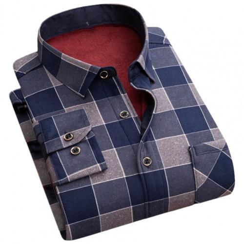 Men Autumn Shirt Slim Great Turn-down Collar Plaid Thicken Warm Lapel Formal Shirt