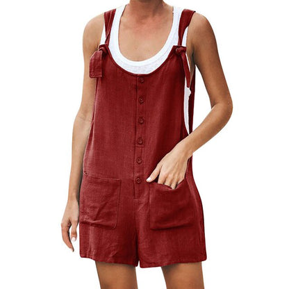 Women Jumsuit Cotton Linen Rompers Solid Button Pocket Summer Short Jumpsuit Casual Loose Straps Playsuit Overalls Short Pants