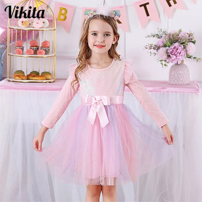 VIKITA Girls Dress New Autumn Mesh Girls Clothes Kids Bow Princess Dress Children Cute Sweet Casual Dresses Baby Girls Dresses