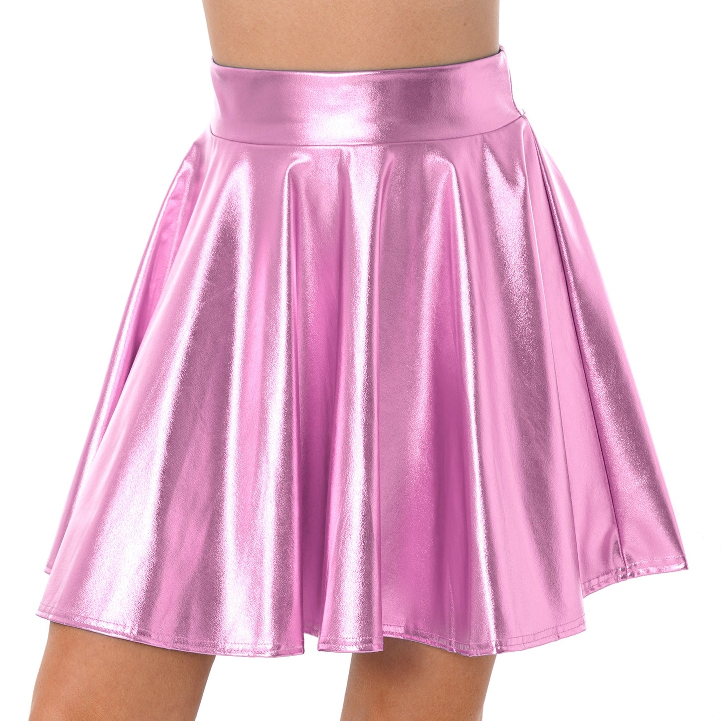 Metallic Shiny Pleated Skirts Womens High Waist Shiny Holographic Flared Rave Dance Bottoms Clubwear Mini Party Skater Skirt