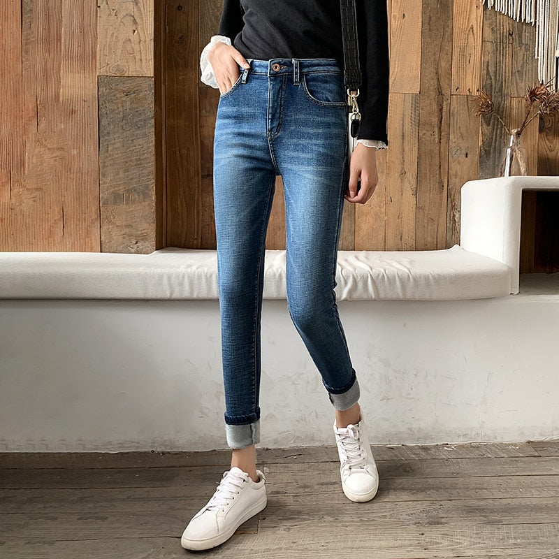 Winter Thick Velvet Women High Waist Skinny Jeans Simple Fleece Warm Slim fit Stretch Ladies Casual Denim Pencil Pants