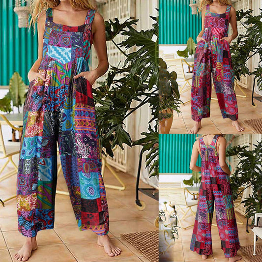 Women Ethnic Style  Jumpsuits Summer Overalls Multicolor  Square Neck Sleeveless Casual Rompers with Pockets for Girls Playsuit