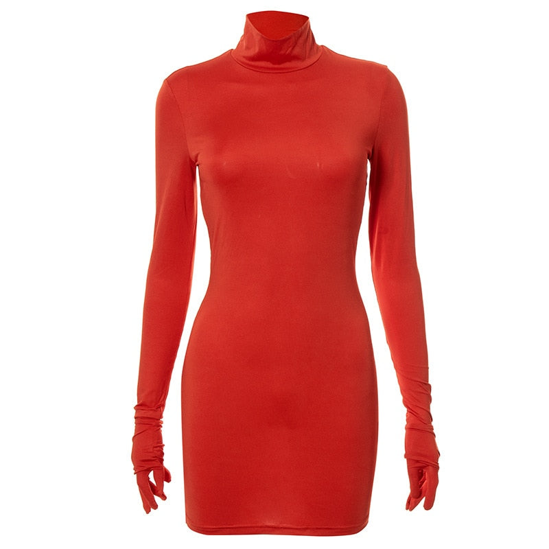 NEONBABIPINK Sexy Turtleneck Gloves Long Sleeve Dresses for Women Party Night Club Wear Red Black Bodycon Mini Dress N85-BH20