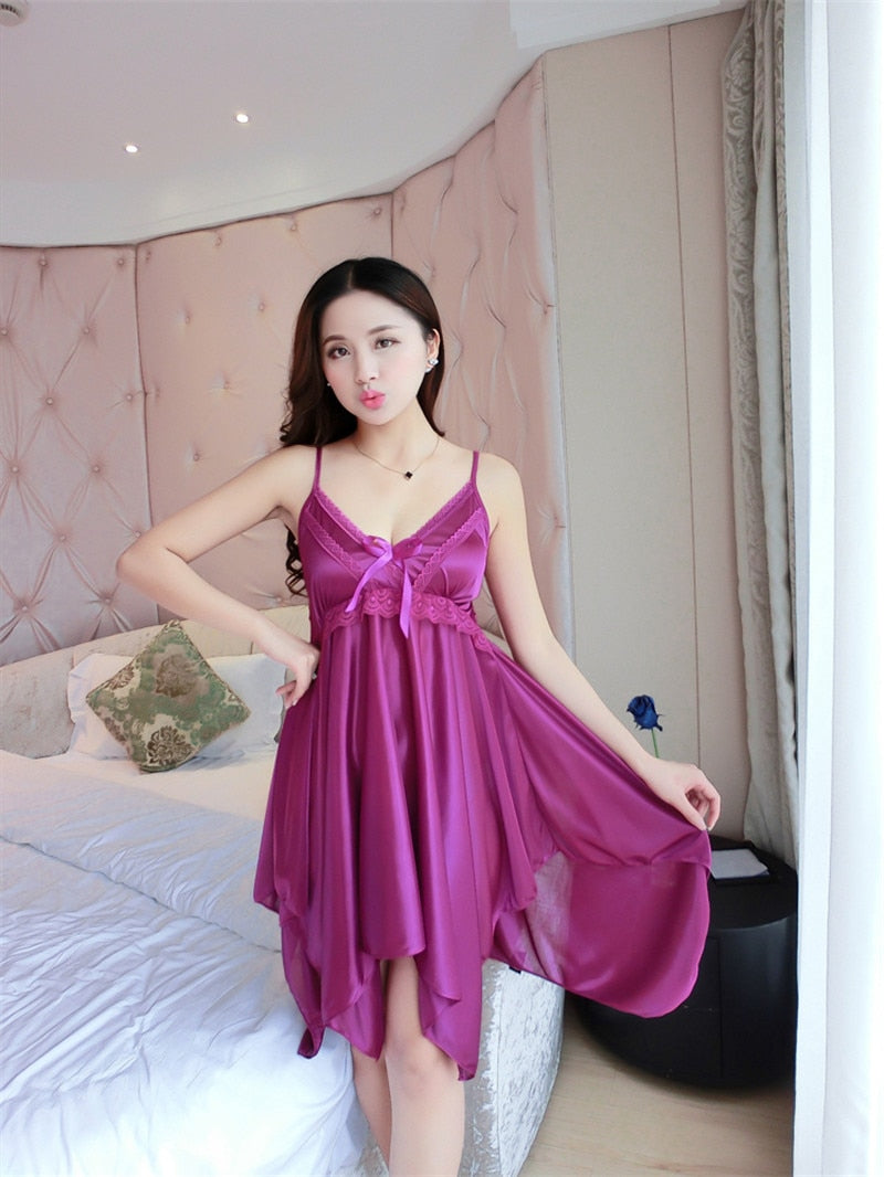 Deep V Neck Women Satin Nightgown Sexy Lace Sleepwear Strap New Ladies Silk Nightwear Sleep Wear Night Gown Lingerie Dress W1929