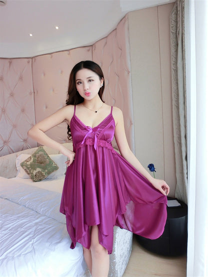 Deep V Neck Women Satin Nightgown Sexy Lace Sleepwear Strap New Ladies Silk Nightwear Sleep Wear Night Gown Lingerie Dress W1929