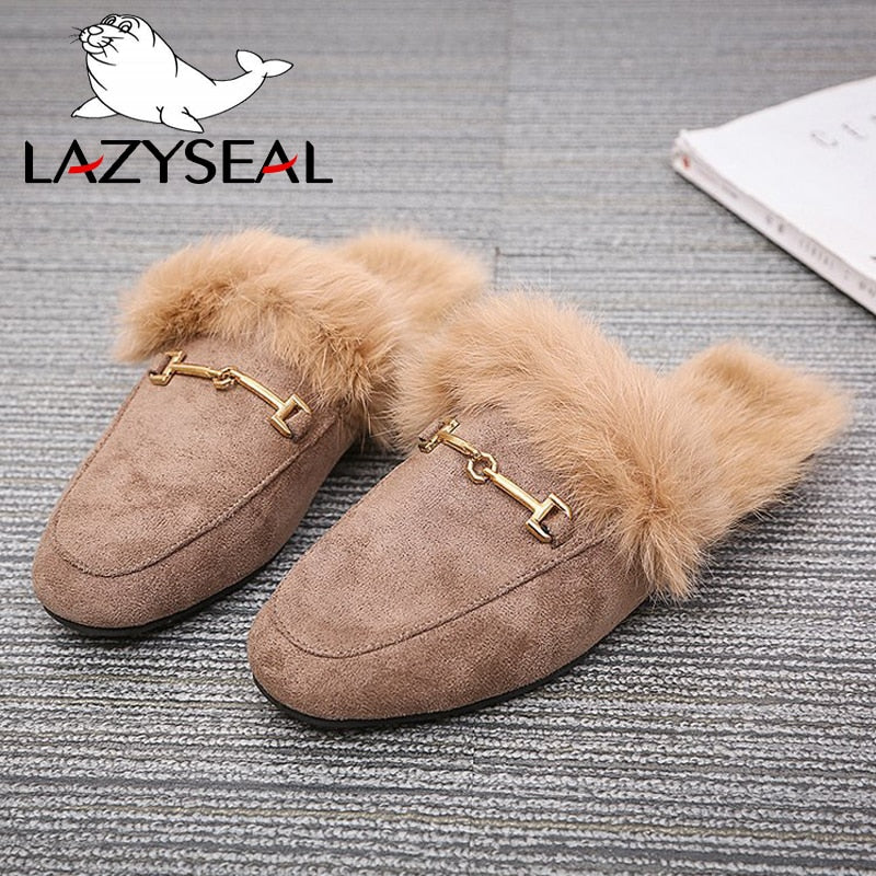LazySeal Fur Women Slides Ladies Black Outdoor Female Shoes Slides Summer Winter 100% Real Rabbit Hair Designer Spring Footwear