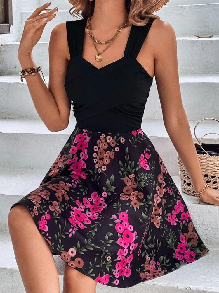 2023 New Summer Dresses Women Casual Suspenders Sleeveless V-Neck flower Print Loose Sundress Beach Dress Vestidos