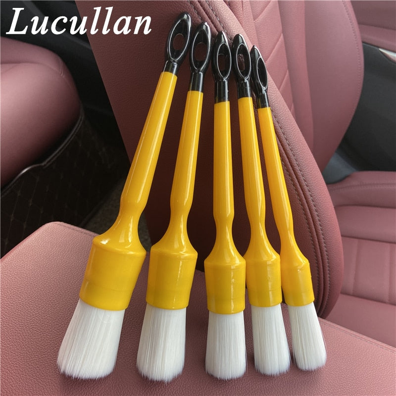 Lucullan Durable But Not Hard 5 PCS Set PBT White Plastic Hair Interior and Wheels Cleaning Tools Car Detailing Brush