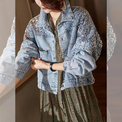 Blue Short Sequin Pocket Denim Jacket Women's Casual Denim Spring Autumn New Loose Fashion Jeans Jacket Women Long Sleeve Coat