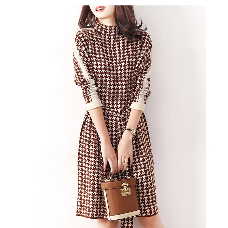 Elegant Dresses for Women Autumn  Winter New Long Sleeve Knitted Dress Vintage Houndstooth Bandage Fashion Sweater Dress Belt