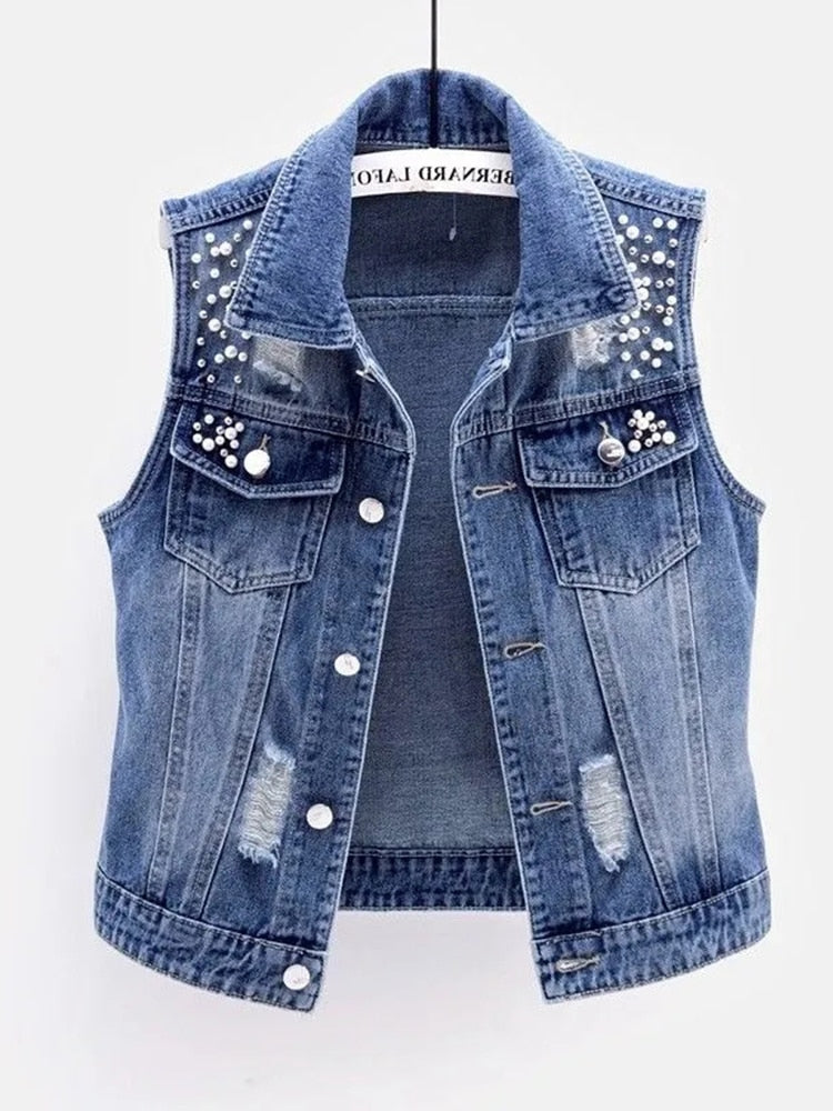 JMPRS Denim Women Vest Luxury Pearls Fashion Ripped Autumn Jeans Jacket Sleeveless Loose Short Coat Causal Waistcoats 5XL