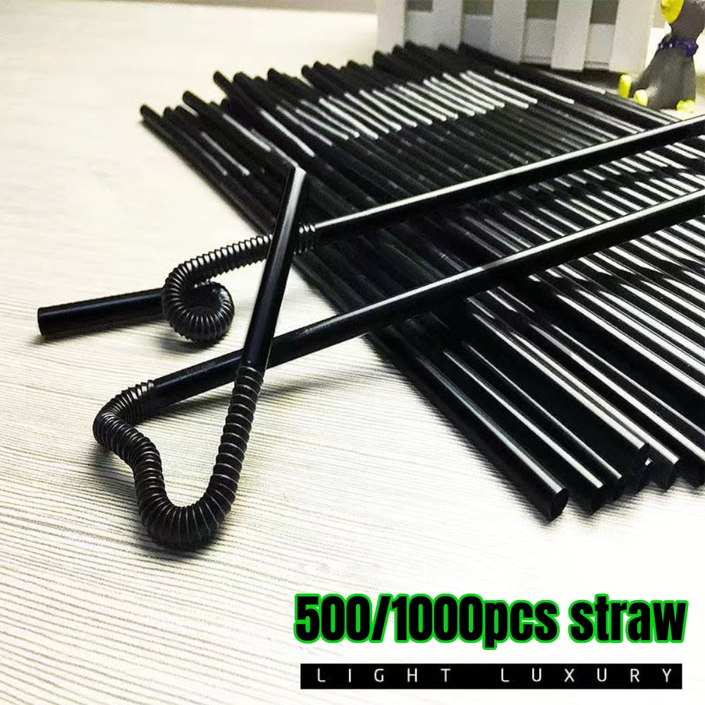 500/1000pcs Plastic Black Straws Wide Straws for Smoothies Disposable Drinking Straws Milkshake Straws Party Bar Accessories