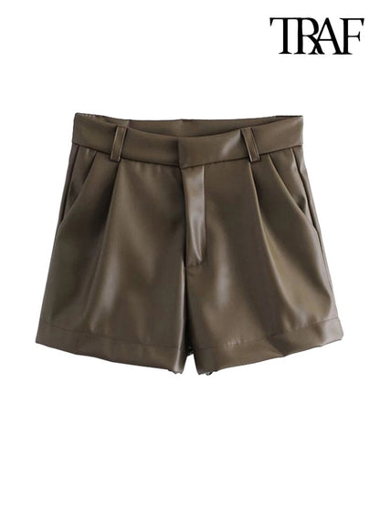 TRAF Women Chic Fashion Side Pockets Faux Leather Shorts Vintage High Waist Zipper Fly Female Short Pants Mujer