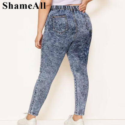 Plus Size Elastic High Waist Snow Wash Pencil Pants Casual Female Jeans 3 4 5XL Women Stretch Long Denim Pant Trousers Mom Jeans