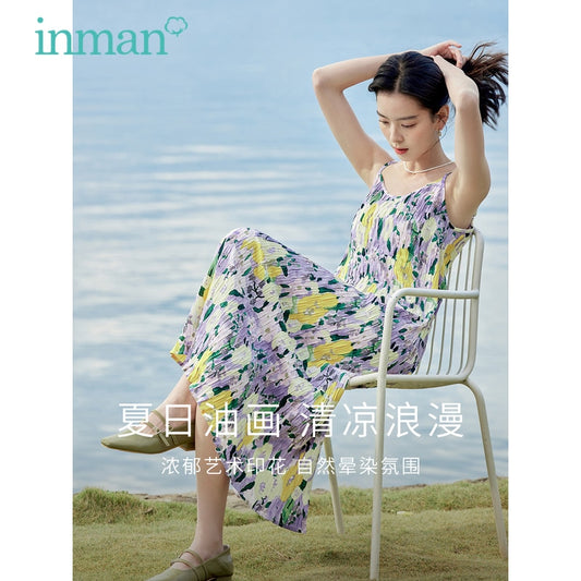 INMAN Women Suspended Dress 2023 Summer Sleeveless A-shaped Loose Artistic Pleated Floral Print Yellow Purple Black Skirt