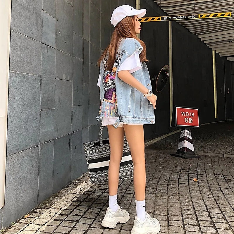 Denim Vest Jacket Back Cat Spring Summer 2023 Korean Style Women Cardigan Loose Hole Ribbon Waistcoat Fashion Jeans Gilet Coat