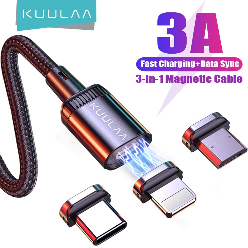 KUULAA-Cable USB magnético LED 3A de carga rápida tipo C, cargador magnético, Cable Micro USB para iPhone, xiaomi, poco y samsung