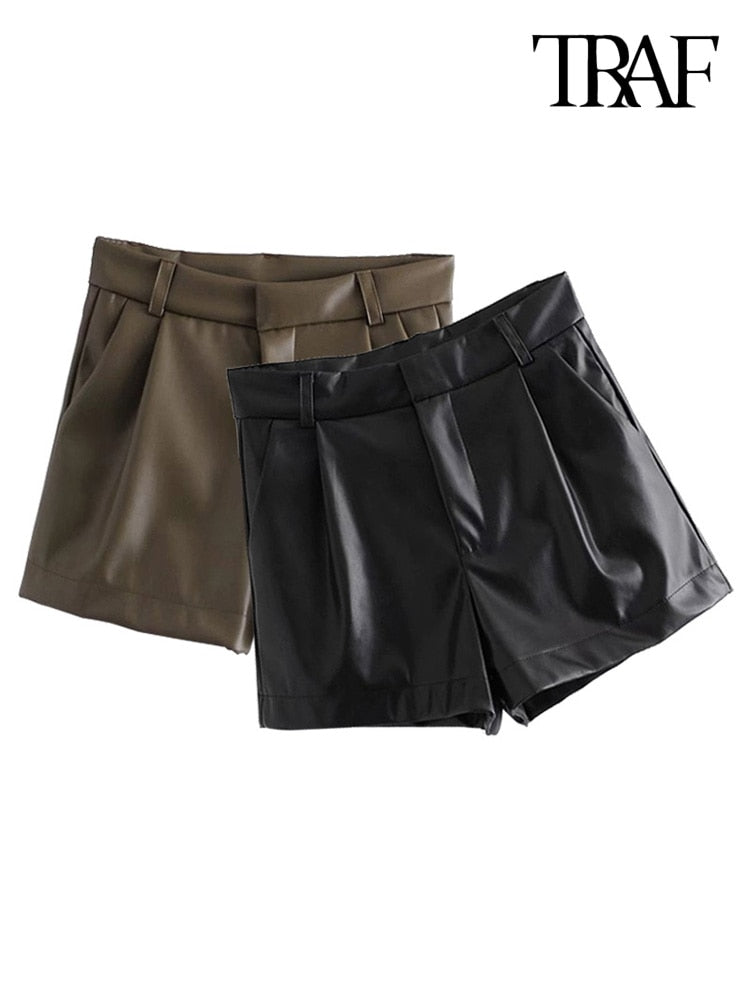 TRAF Women Chic Fashion Side Pockets Faux Leather Shorts Vintage High Waist Zipper Fly Female Short Pants Mujer