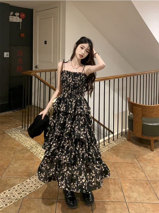 Deeptown Y2k Korean Style One Piece Floral Dress Women Vintage Elegant Layered High Waist Black Long Slip Fairy Dresses Summer