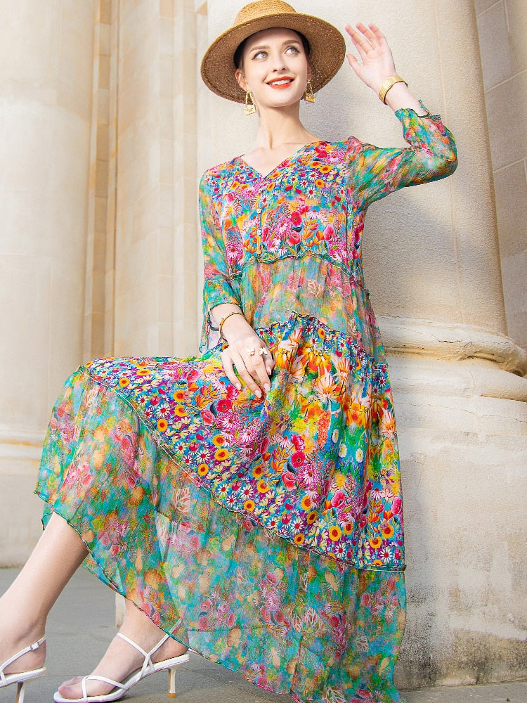 High Quality Summer 2023 Beach Boho Vintage Print Chiffon V Neck Dress Elegant Party Robe Designer Vestidos Loose Midi Dresses