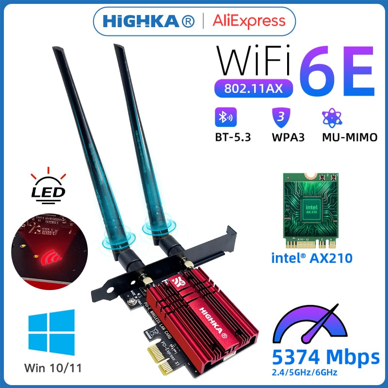 5374Mbps Wi-Fi 6E PCIe Wireless Network Card 5G/6Ghz WiFi Adapter Bluetooth 5.3 PCI Express 802.11AX Intel AX210 WiFi Card PC