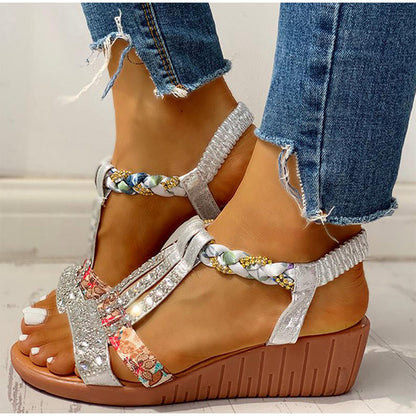 Women Sandals Summer Bohemia Platform Wedges Shoes Crystal Gladiator Rome Woman Beach Shoes Casual Elastic Band Female Sandles