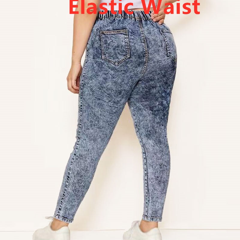 Plus Size Elastic High Waist Snow Wash Pencil Pants Casual Female Jeans 3 4 5XL Women Stretch Long Denim Pant Trousers Mom Jeans