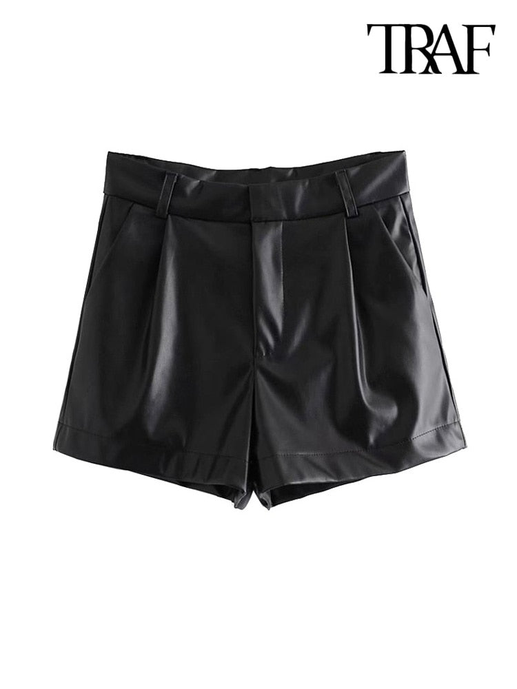 TRAF Women Chic Fashion Side Pockets Faux Leather Shorts Vintage High Waist Zipper Fly Female Short Pants Mujer