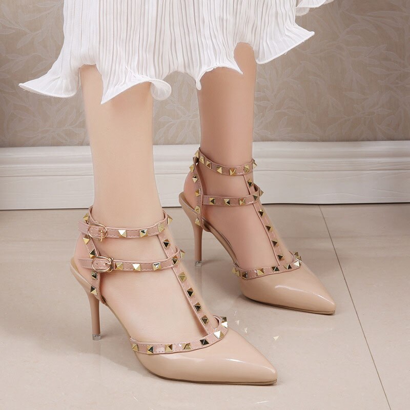 2023 Summer Women Fetish 8cm High Heels Rivets Studded Sandals Lady Sandles Stiletto Green Heels Gladiator Pumps Stripper Shoes