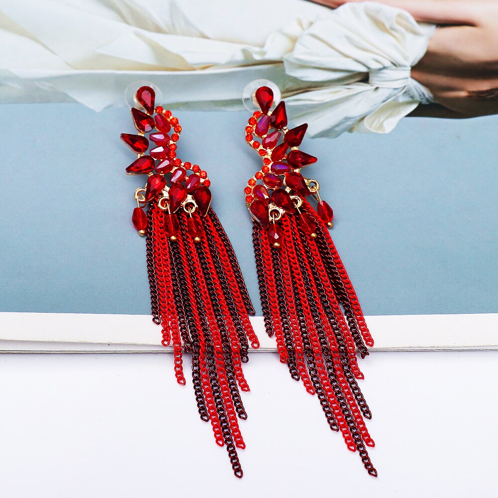 New Trendy Metal Chains Dangle Earring Red Rhinestone Long Tassel Earrings for Women 2023 Summer Jewelry Accessoires Femme