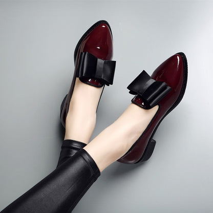 BKQU Spring Autumn Women Shoes Bowtie Loafers Patent Leather Women&#39;s Low Heels Slip On Footwear Female Pointed Toe Thick Heel