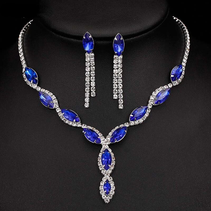 Fashion Blue Red Green Crystal Prom Wedding Jewelry Set Women Accessories Flower Tassel Necklace Earrings Bridal Jewelry Set