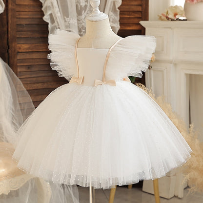 12M Baby White Baptism Dress Girl Ruffle Sleeve Birthday Princess Tutu Gown Flower Girl Wedding Party Dress 1st Communion Cloth