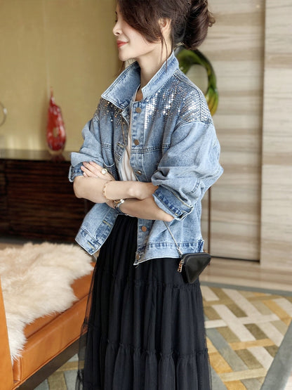 Blue Short Sequin Pocket Denim Jacket Women's Casual Denim Spring Autumn New Loose Fashion Jeans Jacket Women Long Sleeve Coat