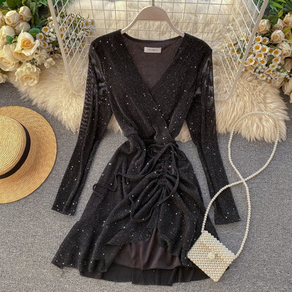 FTLZZ New Women&#39;s Dresses Spring Long Sleeve V-neck Elegant Dresses Casual Asymmetrical Ruffle Mini Dress Party Dress