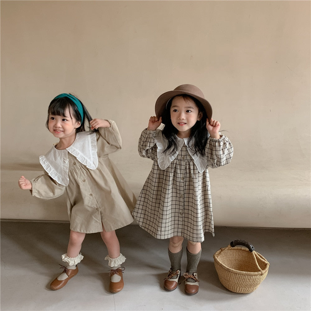 Baby Girls Dress Casual Plaid Clothes Summer 2022 New Korean Cotton Linen Girls Princess Dress Big Turn Down Collar Dress