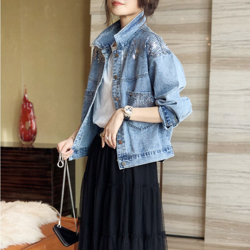 Blue Short Sequin Pocket Denim Jacket Women's Casual Denim Spring Autumn New Loose Fashion Jeans Jacket Women Long Sleeve Coat