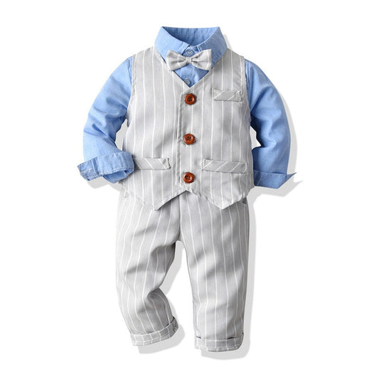 Baby Boy Clothes Birthday Party Baby Costume Boys Gentleman Tie Blue Shirt Vest Pants Autumn Toddler Baby Clothing Set Outfits