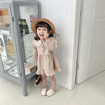 Baby Girls Dress Casual Plaid Clothes Summer 2022 New Korean Cotton Linen Girls Princess Dress Big Turn Down Collar Dress