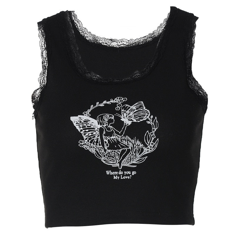 PixieKiki Cartoon Printed Lace Trim White Crop Top Fairy Grunge Summer Clothes for Women Cute Slim Fit Ribbed Tank Tops P95-BC12