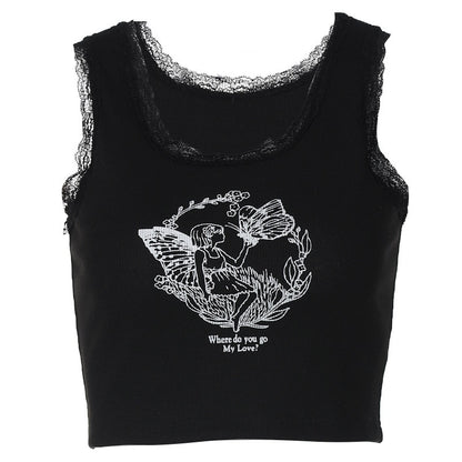 PixieKiki Cartoon Printed Lace Trim White Crop Top Fairy Grunge Summer Clothes for Women Cute Slim Fit Ribbed Tank Tops P95-BC12