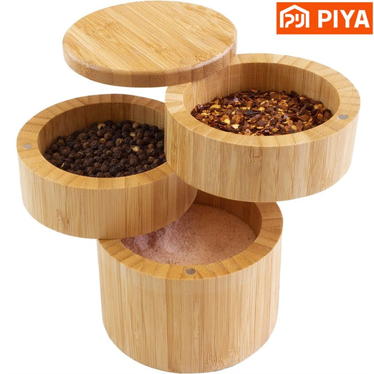 Bamboo Triple Salt Cellar with Magnetic Swivel Lids Kitchen Salt Pepper Storage Box Salt Jar Kichen Wood Salt Cellar Container