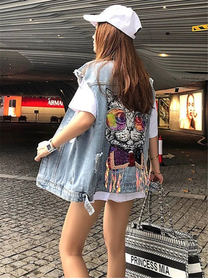 Denim Vest Jacket Back Cat Spring Summer 2023 Korean Style Women Cardigan Loose Hole Ribbon Waistcoat Fashion Jeans Gilet Coat