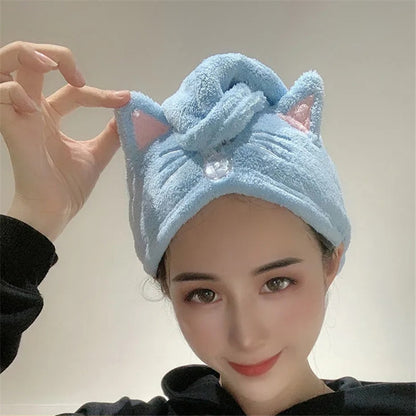 Cute Cat Hair Cap Microfiber Hair Towel Long Hair Quick Dry Hat Bath Towel Strong Water Absorbent Women Wrap Wiping Hair Towel