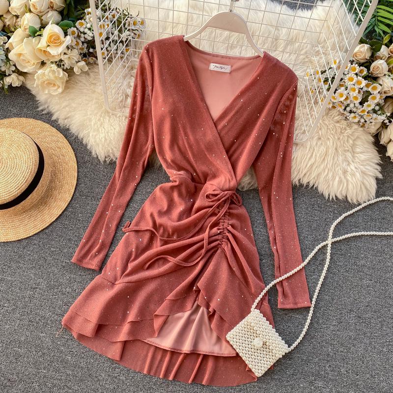 FTLZZ New Women&#39;s Dresses Spring Long Sleeve V-neck Elegant Dresses Casual Asymmetrical Ruffle Mini Dress Party Dress