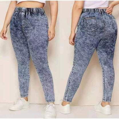 Plus Size Elastic High Waist Snow Wash Pencil Pants Casual Female Jeans 3 4 5XL Women Stretch Long Denim Pant Trousers Mom Jeans