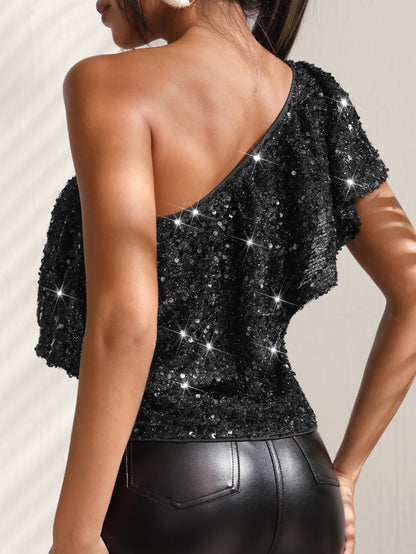 2023 Party Asymmetrical Sequin Top Slim Fit Short Sexy Elegant Women Sparkly Glitter Wear Club Night One Shoulder Sleeveless
