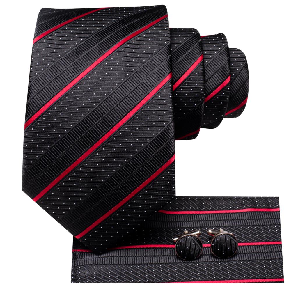 Black Red Striped Silk Wedding Tie For Men Handky Cufflink Gift Men Necktie Fashion Business Party Dropshiping Hi-Tie Designer