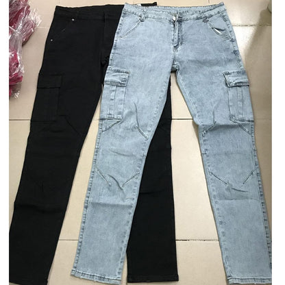 Jeans Men Pants Wash Solid Color Multi Pockets Denim Mid Waist Cargo Jeans Plus Size Fahsion Casual Trousers Male Daily Wear